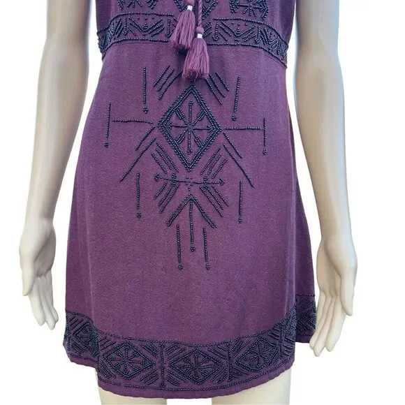 Abercrombie & Fitch Dress Women's Small Maroon Beaded Aztec Sleeveless Tie Neck - Picture 5 of 16